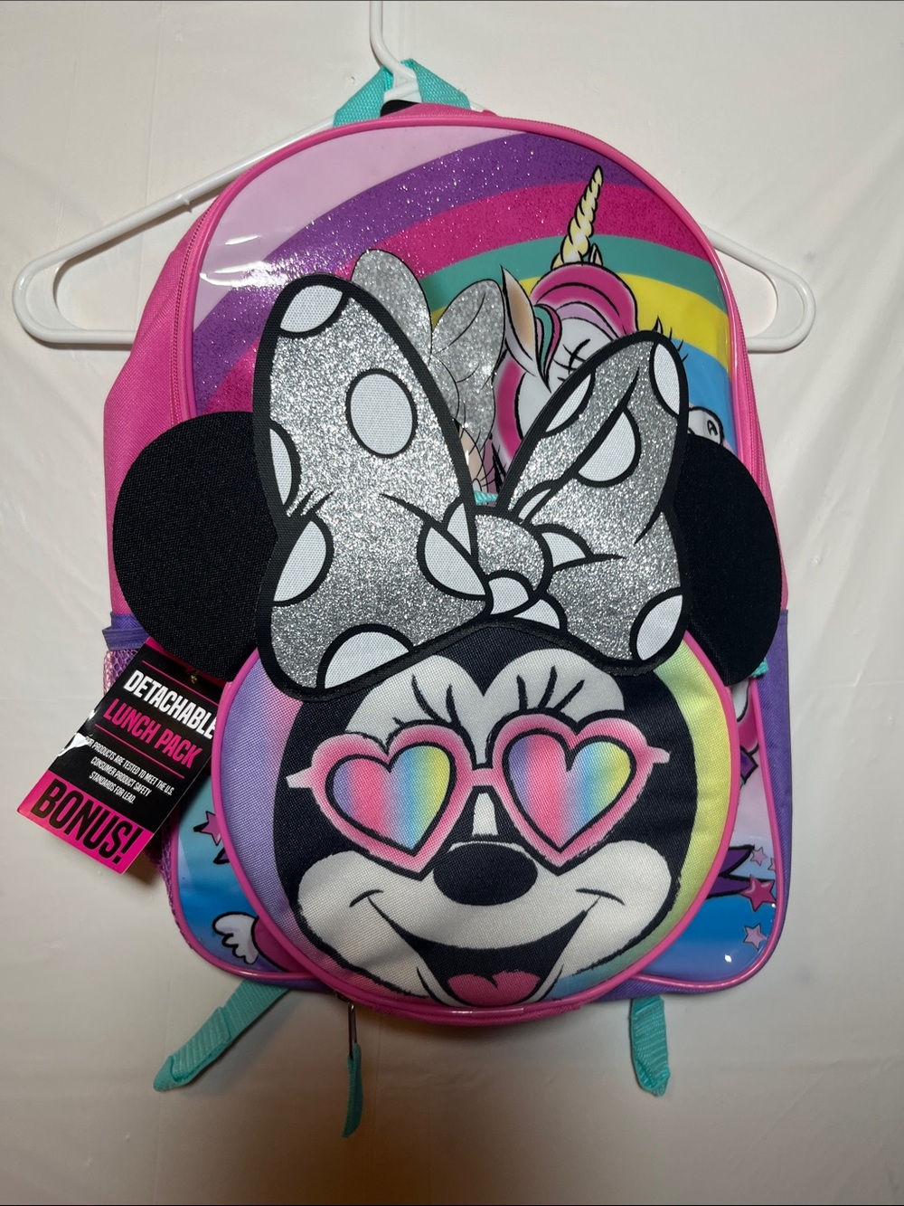 Kids Pink Minnie Mouse Backpack with Glitter Bow and Detachable Lunch Pack